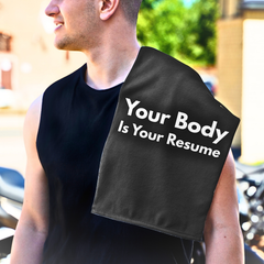 Rally Towel — “Your Body Is Your Resume” Fitness Gym Hand Towel (11×18)