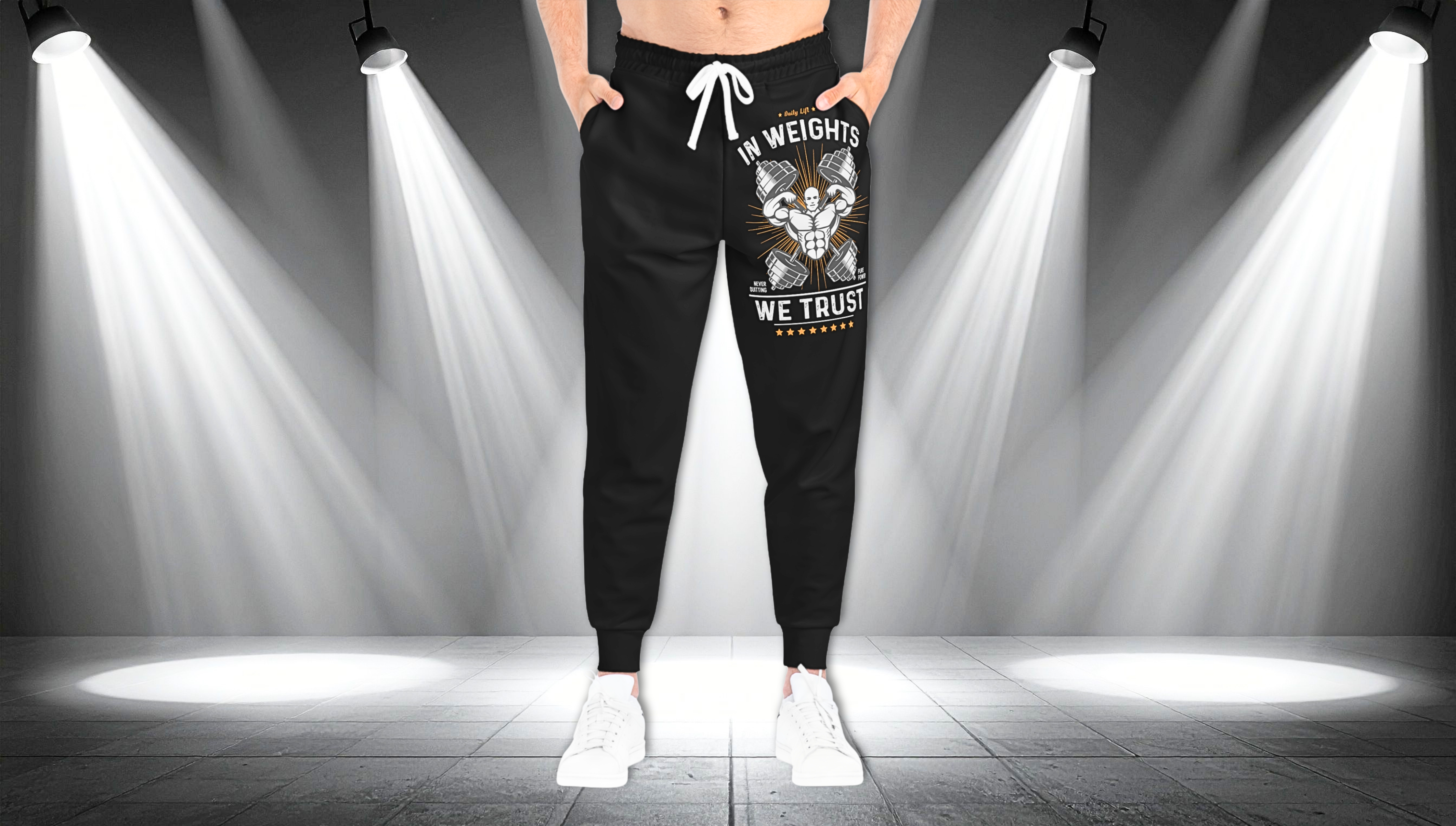 Athletic Joggers — “In Weights We Trust” Muscle Gym Joggers